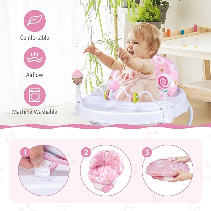 HONEY JOY Baby Walker, Foldable Toddler Walker with Toys, Push Walker for Boys and Girls, Adjustable Height, High Back Padded Seat, Infant Activity Walker with Wheels (Pink)