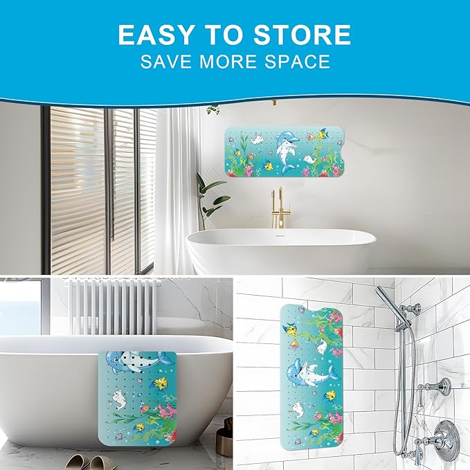 XIYUNTE Baby Bath Mat for Tub Non Slip Kids Bath Mat - 40''x16'' Extra Long Cartoon Dolphin Baby Bath Tub Mat Eco-Friendly Toddler Bath Mats with Suction Cups & Drain Holes Easy to Clean & Easy Drying