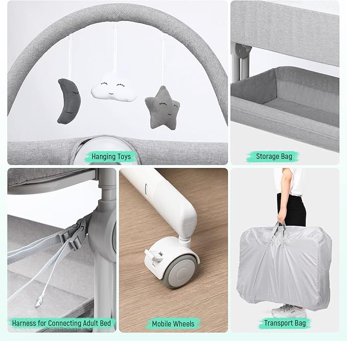 Cowiewie Baby Bassinet Bedside Sleeper with Storage Basket,Wheels & Hanging Toys, Easy Folding Portable Bassinet with Wheels Adjustable Height Portable Bassinets for Newborn(Handbag)