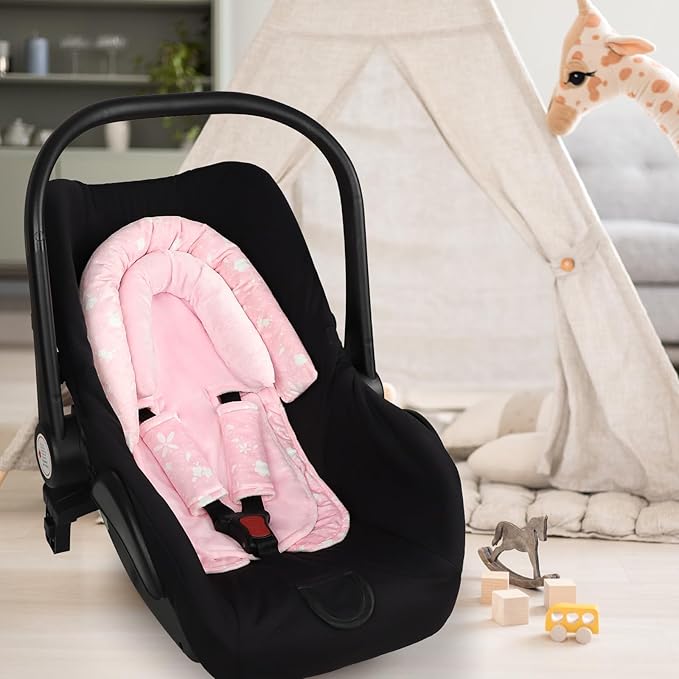 Infant Car Seat Insert & Strap Cover for Baby Girls, 2 in 1 Carseat Head Support Newborn, Ultra Soft Car Seat Cushion for Babies, Plush Fabric, Fit for Swing, Car Seat, Stroller, Bouncer, Pink