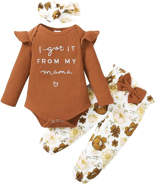 DISAUR Baby Girls Clothes Newborn Infant Baby Girls Outfit Long Sleeve Ruffle Romper Floral Pants Headband Sets 0-18 Months