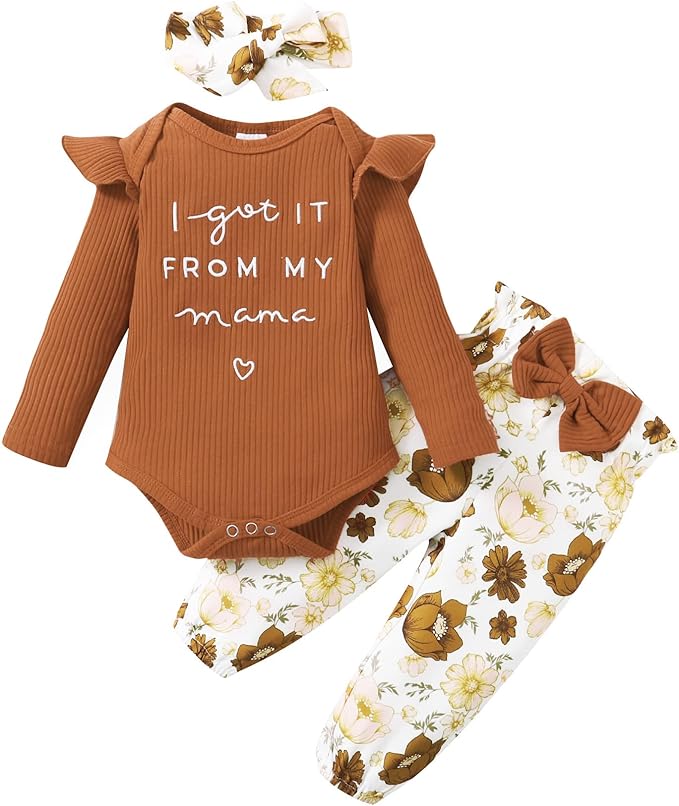 DISAUR Baby Girls Clothes Newborn Infant Baby Girls Outfit Long Sleeve Ruffle Romper Floral Pants Headband Sets 0-18 Months