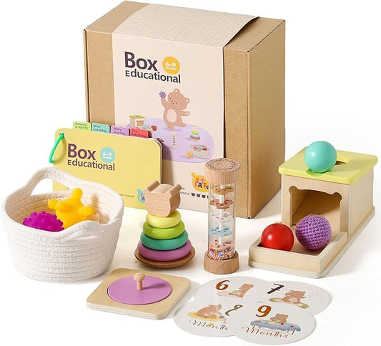IEATFO Montessori Toys for Babies 6-9 Months, 7-in-1 Wooden Playful Learning Toys with Rainmaker, Multi Sensory Ball, Object Performance Box, Stacking & Nesting Rings, Mirro Knob Puzzle and More