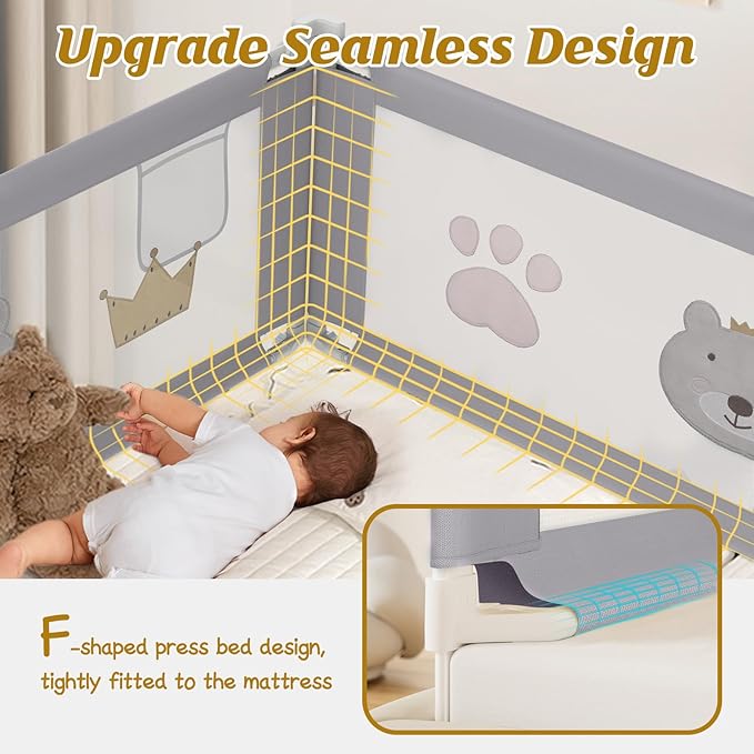 Height Adjustable Bed Rail for Toddlers, Kids Safety Baby Bed Rail for Twin/Full/King/Queen Size Bed (3 Sides, 74 * 74 * 54 Inch)