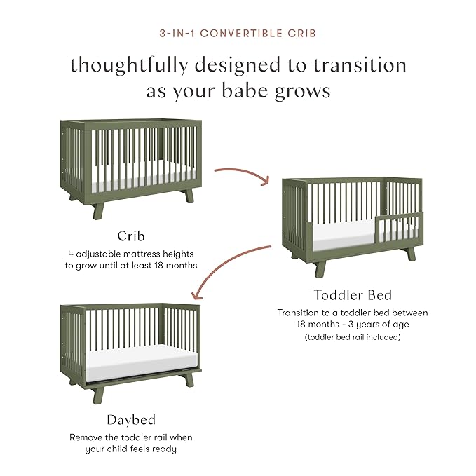 babyletto Hudson 3-in-1 Convertible Baby Crib with Toddler Bed & Daybed Conversion, Durable & Easy to Assemble - GREENGUARD Gold Certified w/ 4 Adjustable Mattress Heights - Olive Green