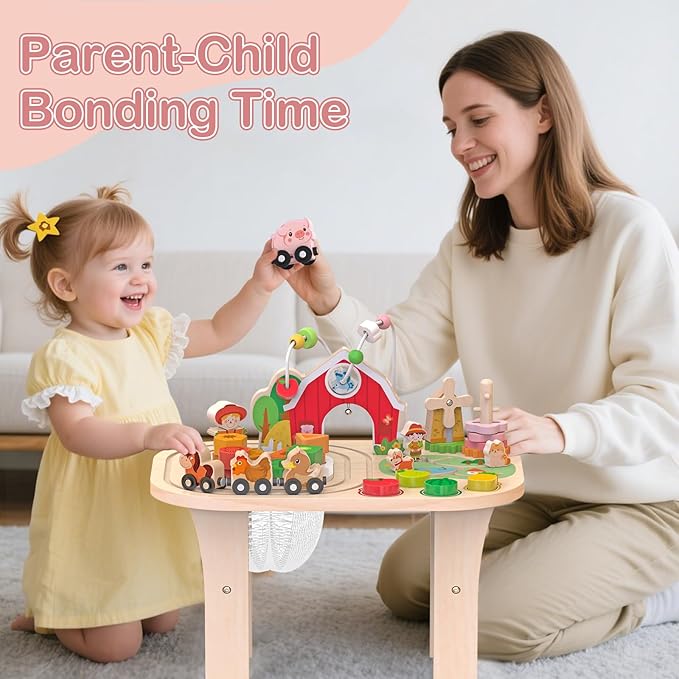 Kids Girls Wooden Farm Activity Table for 1 2 3 Years Old, Montessori Learning Toy with Bead Maze, Shape Sorter & Animal Train, Sensory Development Toy for Toddlers, Educational Gift for Baby