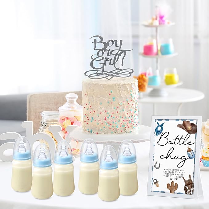 Roowest Bottle Chug Baby Shower Game Sign Wooden Game Table Decor 18 Pcs Baby Bottles 120 ml Mini Milk Bottles Baby Bottles for Baby Shower Game Gender Reveal Party (Blue,Cowboy)