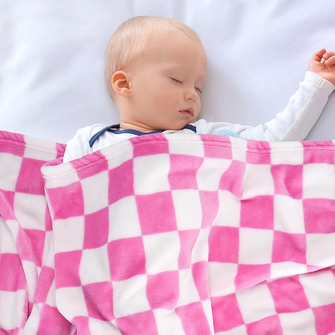 Plush Checkered Baby Blanket for Boys Girls Nursery, 30"*40" Warm Short Fleece Blanket Neutral for Infant Newborn, Small Fuzzy for Sleeping, Chenille Baby for Stroller (Pink&White)