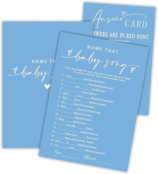 Name That Baby Song Baby Shower Game Cards - Minimalism Blue - 30 Double-Sided Fill In Style Game Cards With Answer Card, Gender Reveal, Baby Announcement, Party Games & Activity - C15