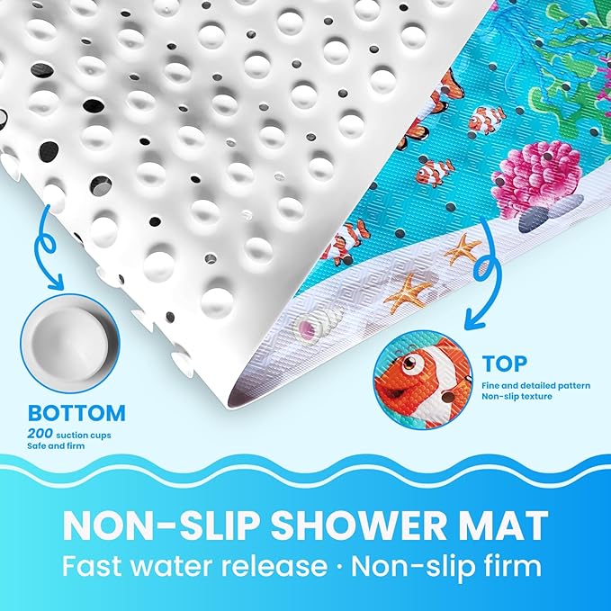 Linoows Baby Bath Tub Mat, 40 x 16 Inch Extra Large Non Slip Kids Cartoon Bathtub Shower Mats with Suction Cups & Drain Holes, Machine Washable for Bathroom, Undersea Sea Turtle