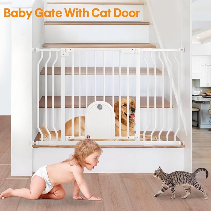 Baby Gate with Cat Door for Stairs - Baby Gate with Pet Door Auto Close 29.5"-48.5" Safety Metal Dog Gate for Door Ways/Stairs/House/Walk Through with Includes 2 Extension Pieces and 4 Wall Cups