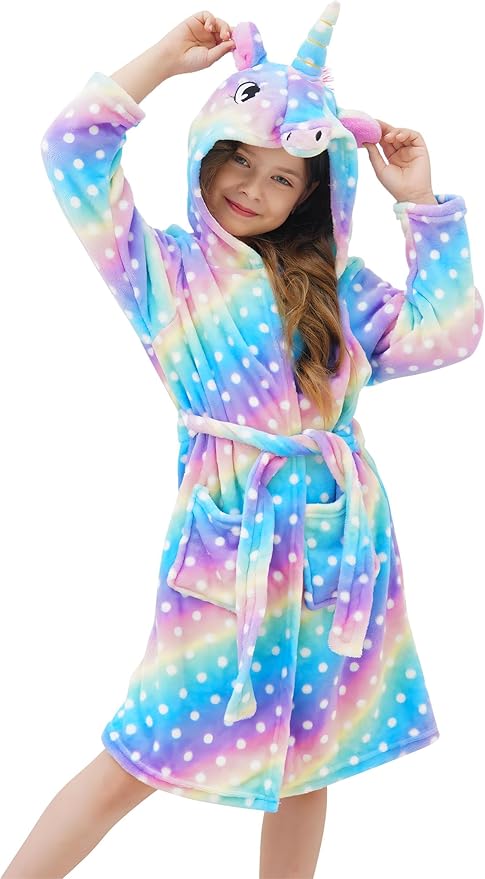 Doctor Unicorn Girls Fleece Hooded Robe Toddler Warm Fuzzy Bathrobe