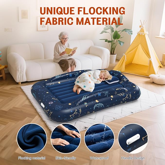 Inflatable Toddler Travel Bed Portable Camping Air Mattress with Electric Bumpers Blow Up Toddler Bed with Safe Sides Kids Travel Essentials Set for Vacation Home Outdoor-Starry Sky Blue