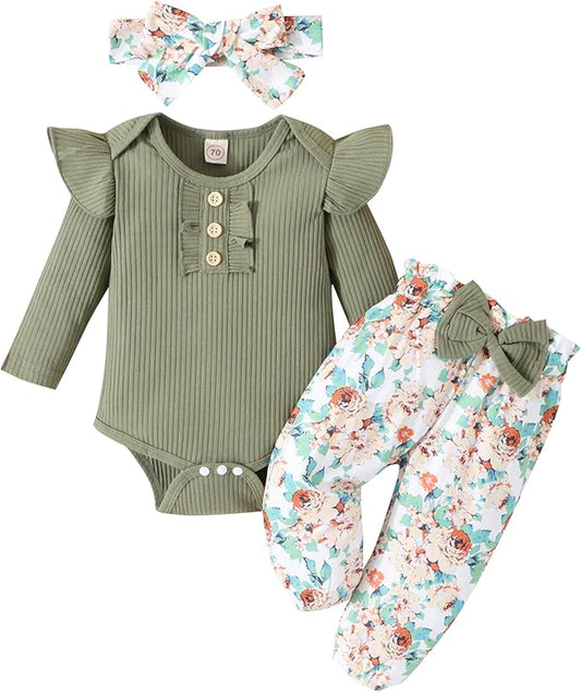 Baby Girl Clothes Newborn Infant Outfits Ruffle Romper+ Floral Pants + Cute Headband Sets for Girls