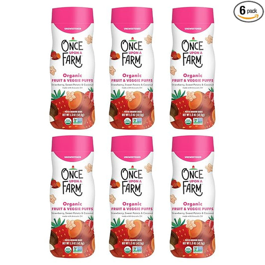 Once Upon A Farm Strawberry, Coconut & Sweet Potato Puffed Sorghum Snack, Fruit & Veggie Puffs, Non GMO, 1.5 Ounces (Pack Of 6)