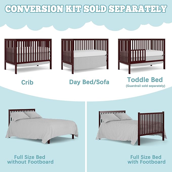 Baby Crib 5-in-1 Convertible, Wood Full Size Toddler Bed for Small Baby, Made of Sustainable Natural Pinewood Cribs, Non-Toxic Finish, Simplistic Nursery Furniture (Cherry)