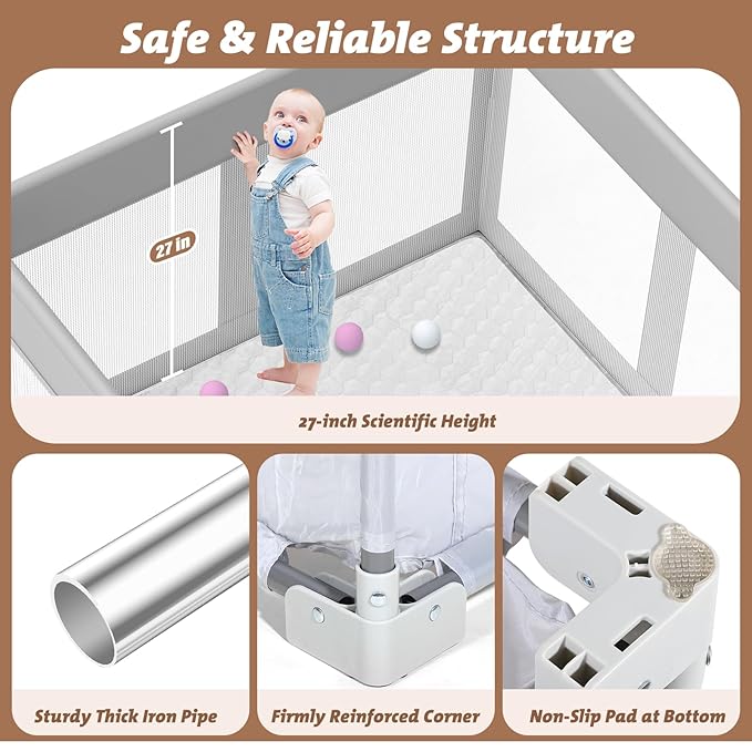 Joyibay Baby Playpen, 47x47 Foldable Playpen with Play Mat, Small Baby Playard, Baby Activity Play Fence Kids Baby Play pen for Babies Toddlers 1-3 Indoor Outdoor