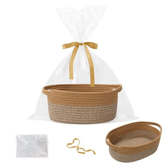 Gift Basket with Gift Bag and Ribbons,Small Rope Woven Shelf Storage,Baskets for Gifts Empty,Birthday,Shower,Decorative Organizer Box for Cat Dog Pet with Handles(Jute&Mixed Brown)