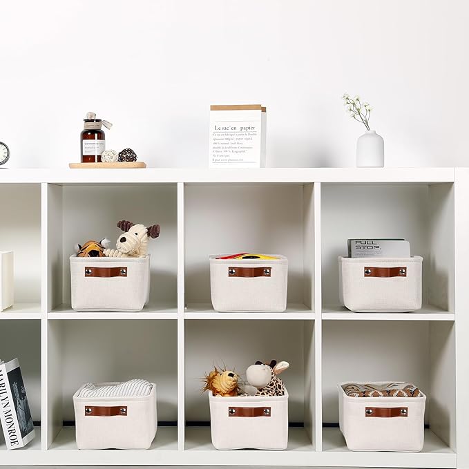 HNZIGE Fabric Storage Baskets for Organizing Small Storage Baskets for Shelf,6 Pack Shelf Baskets for Storage with Leather Handles, Foldable Baskets for Organizing Clothes(Cream 11.8" x 7.8" x 5.1")