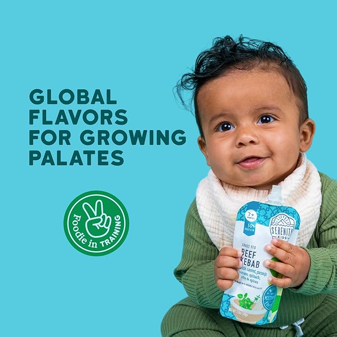 Serenity Kids 7+ Months World Explorers Beef Kebab Baby Food Pouches - Grass-Fed Beef & Organic Veggies - BPA-Free Baby Snack - Ages 7+ Months - 3.5 Oz 6 Pack