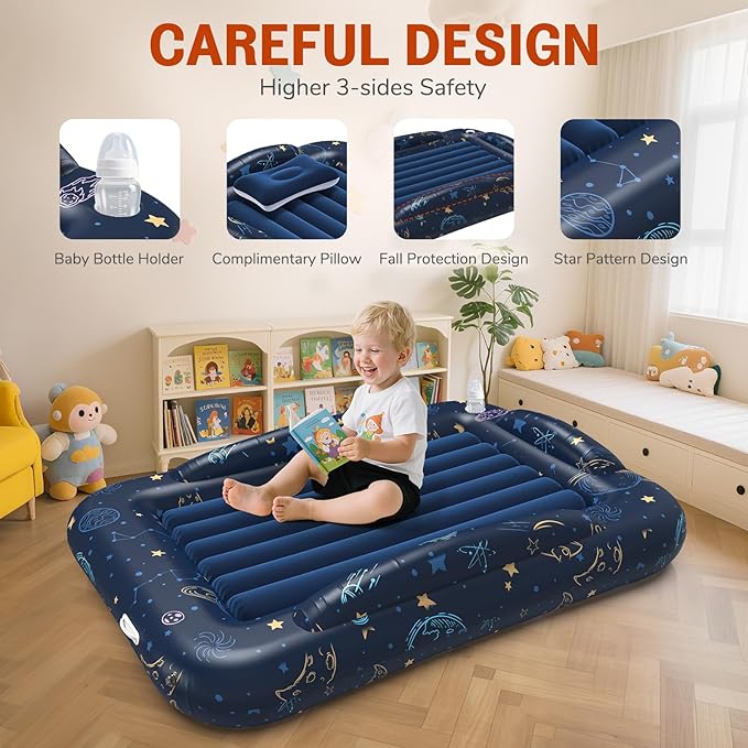 Inflatable Toddler Travel Bed Portable Camping Air Mattress with Electric Bumpers Blow Up Toddler Bed with Safe Sides Kids Travel Essentials Set for Vacation Home Outdoor-Starry Sky Blue