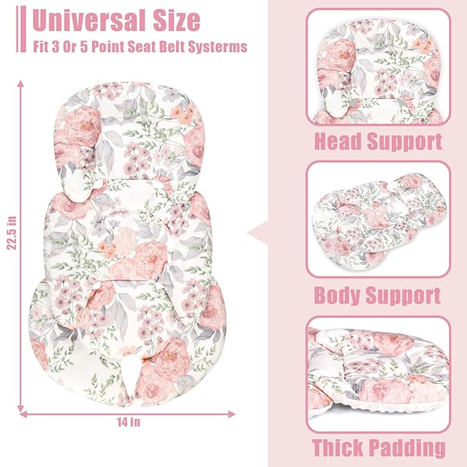 Infant Car Seat Insert, HNHUAMING Baby Car Seat Head & Body Support for Newborn, Ultra Soft Reversible Preemie Carseat Insert Cushion for Girls Boys, Fit Car Seat, Stroller, Swing, Bouncer, Pink