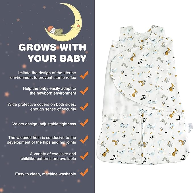 Swaddle-Blanket Baby Girl & Boy Swaddles Newborn Infant Transition 100% Cotton Wrap Blankets, 3-Way Adjustable Wearable Blanket, TOG 1.0 (Dinosaur, Small, 0-3 Month)