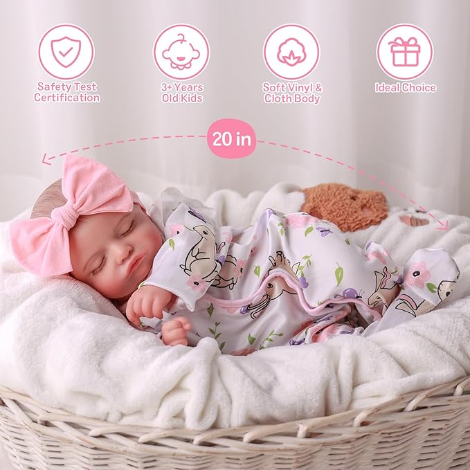 BABESIDE 20-Inch Lifelike Reborn Baby Doll with Vinyl Body – Realistic Poseable Newborn Doll with Accessories for 3+ Year Old Girls – Perfect for Pretend Play and Collecting
