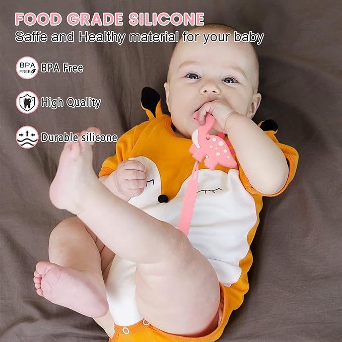Teething Toys for Babies, Baby Teethers with Clip Silicone Teether Toys for Boys and Girls Infant Teething Relief Dinosaur Shape, Pink