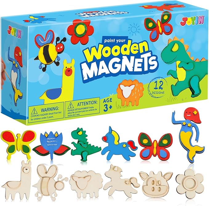 JOYIN 12 Wooden Magnet Creativity Arts & Crafts Painting Kit for Kids, Decorate Your Own Painting Gift for Easter Basket Stuffers, Birthday Parties and Family Crafts, Party Favors for Boys Girls