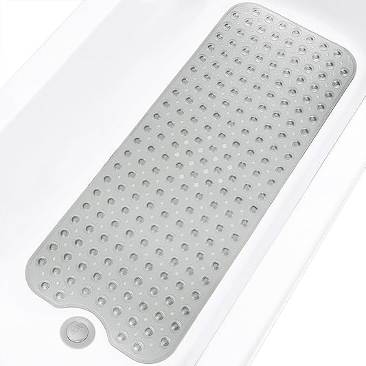 Linoows Bathtub and Shower Mats, Extra Long Non-Slip Bath Tub Mat 39 x 16 Inch, Machine Washable Bathmat with Suction Cups & Drain Holes for Bathroom Floor, Clear Grey