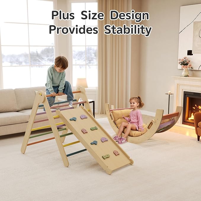 Pikler Triangle Set 7-in-1 Foldable Toddler Climbing Toys Indoor Jungle Gym with Ramp & Arch, Montessori Wooden Play Gym Climbing Frame for Toddlers 1-6 Years