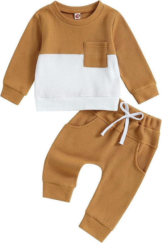 Kupretty Toddler Baby Boy Fall Winter Clothes Color Block Long Sleeve Sweatshirt Pullover Tops + Joggers Pants Outfit Set