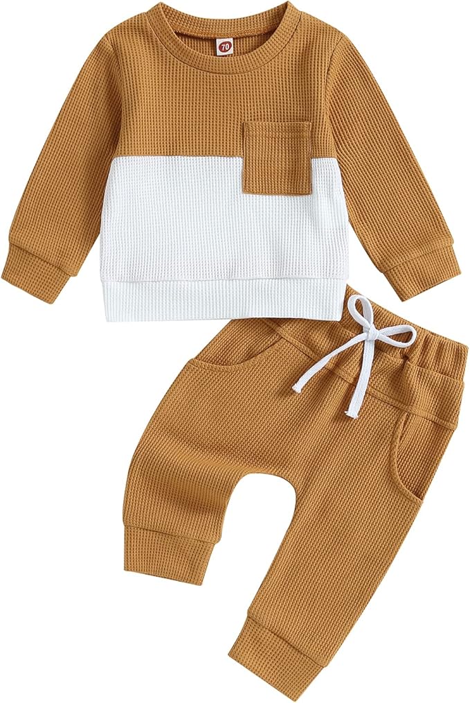 Kupretty Toddler Baby Boy Fall Winter Clothes Color Block Long Sleeve Sweatshirt Pullover Tops + Joggers Pants Outfit Set