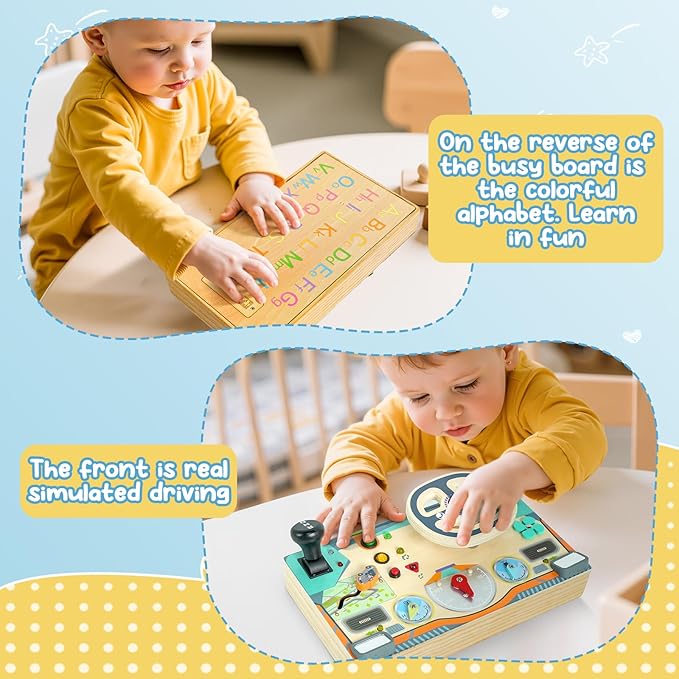 Busy Board Montessori Toys for 1 2 3 Year Old, Wooden Toddler Sensory Toys Busy Board with LED Lights Sound Switch, Toddlers Activity Travel Toy, Steering Wheel Toys Toddler Toy Gifts for Boys Girls