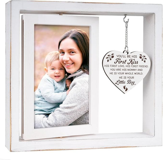 New Mom Gifts, Boy Mom Gifts - "You'll Be His First Kiss" Picture Frame Nursery Decor, Gift for Mother to Be, Baby Shower, Birthday, Mother's Day - Vintage Style Rotating Photo Frame 4x6
