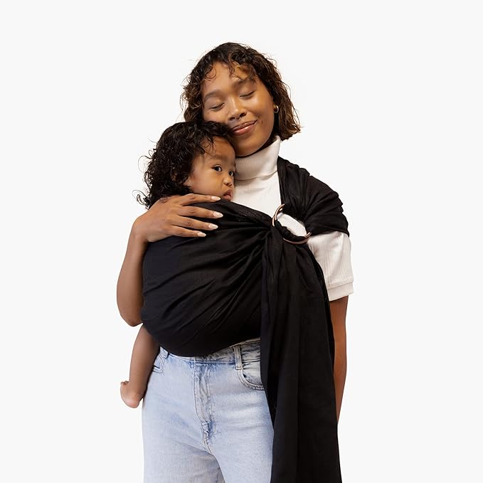 WildBird Ring Sling Baby Carrier for New Moms & Dads & Caregivers - Made from 100% Belgium Linen - for Newborns to Toddlers Up to 35 lbs - Long 90" Size (Raven Fabric/Bronze Ring)