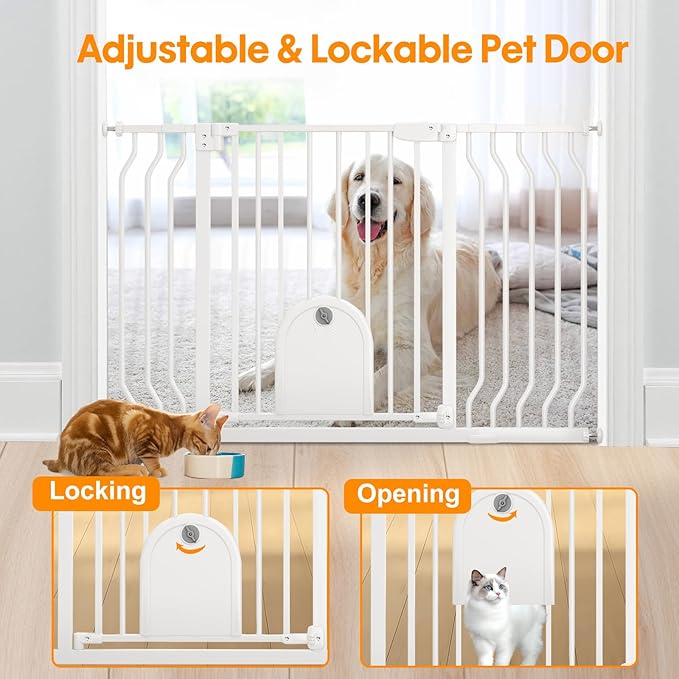 Baby Gate with Cat Door for Stairs - Baby Gate with Pet Door Auto Close 29.5"-48.5" Safety Metal Dog Gate for Door Ways/Stairs/House/Walk Through with Includes 2 Extension Pieces and 4 Wall Cups