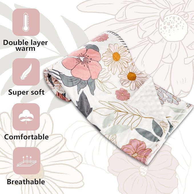 Baby Blankets, Flower Mink Toddler Blanket for Girls, Dotted Backing, Double Layer, Crib Receiving Blanket, for Nursery/Stroller/Toddler Bed/Carseat, 30 x 40 Inch
