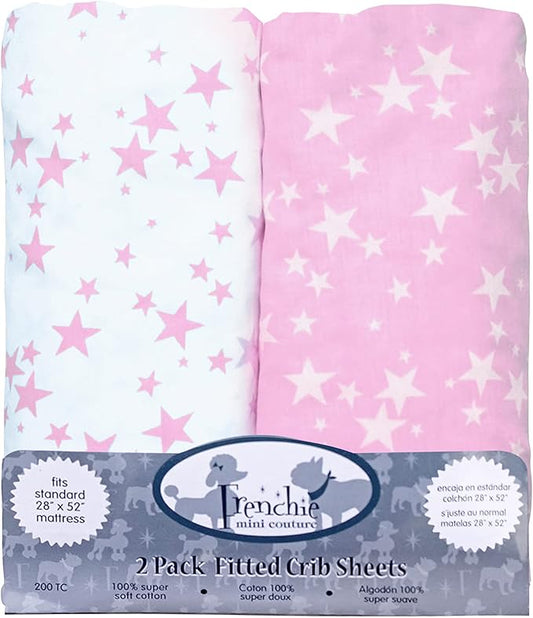 Fitted Crib Sheets 100% Woven Cotton Fits Toddler Mattress, Pink Stars, 28 x 52inx8in, 2-Pack