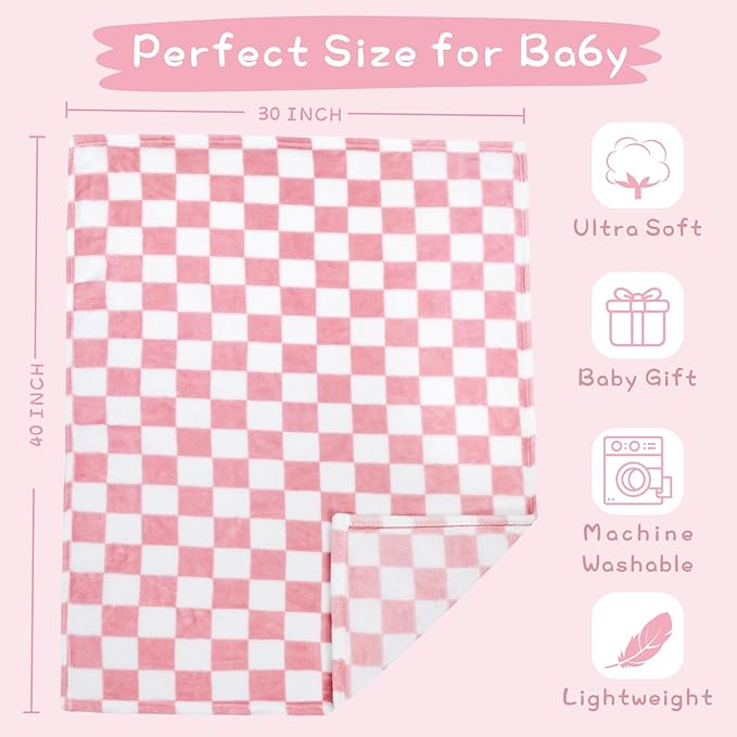 Yurhap Checkered Baby Blanket for Girls Pink Fleece Baby Blankets for Girls Boys, Warmer Comfort Lightweight Bed Blanket for Toddlers Infants or Newborn, 30''x40'', Pink