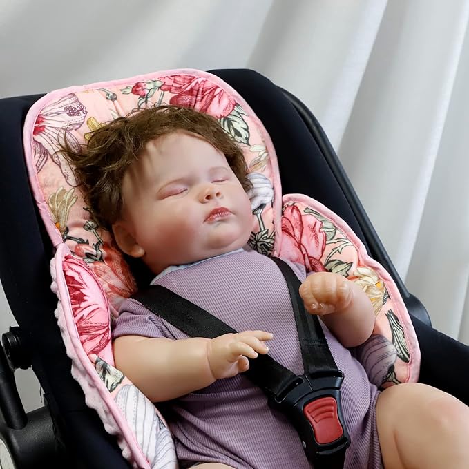 Pink Infant Car Seat Head Body Support Pillow, 2-in-1 Reversible CarSeat Insert,Soft Cushion for Stroller, Swing, Bouncer,Flowers