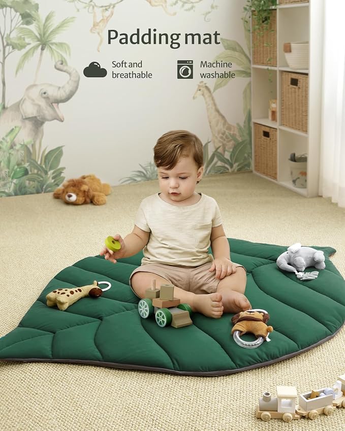 Blissful Diary Baby Play Gym & Activity Mat, Oversize Leaf Shaped Tummy Time Baby Play Mat w 6 Detachable Toys Promotes Motor Skills & Sensory Development, Newborn Infant Essentials Gift, Forest Green