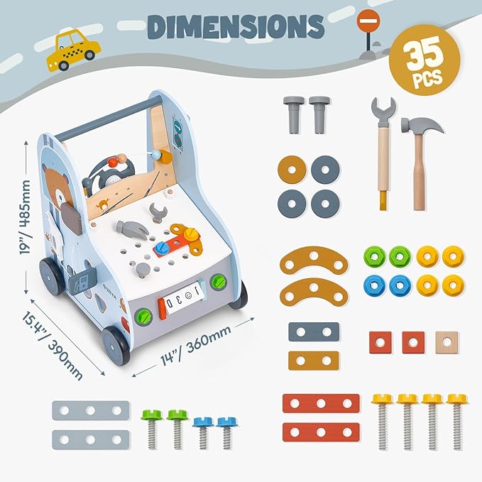 Wooden Baby Push Walker with Activity Center – Car Traffic Theme Tool Bench Shape Sorter, Steering Wheel, Gears, Beads, Montessori Toy for Toddlers 1-3, Walking Learning Baby Push Toy Speed Adjustable