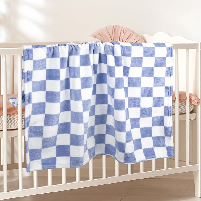 Plush Checkered Baby Blanket for Boys Girls Nursery, 30"*41" Warm Short Fleece Blanket Neutral for Infant Newborn, Small Fuzzy for Sleeping, Chenille or Stroller (Dark Blue&White)