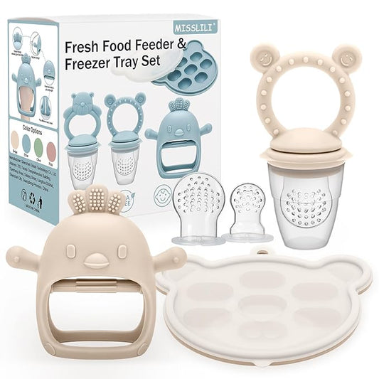 3 Pack Silicone Teething Mitten for Babies with Baby Fruit Food Feeder & Freezer Tray Set, BPA Free Infant Teething Relief Toy for 3 Month+, Additional Silicone Sacs (Smile Beige)