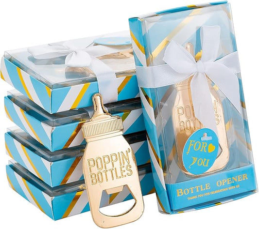 24 Baby Bottle Opener Baby Shower Favorites, Gifts, Decorations, or Souvenir Guest Gift Boxes, Poppin Designed for Boys (24 Pack Blue)