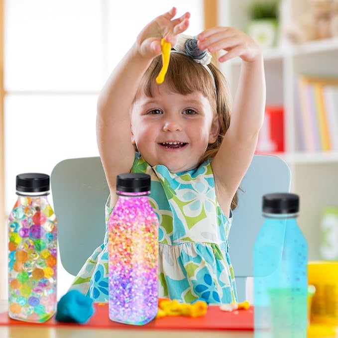 Honeydak 36 Pcs Empty Sensory Bottles Bulk with Black Lids 12 oz / 350 ml Clear Plastic Reusable Leakproof Juice Bottles Drink Container for Sensory Crafts Handmade Beverages Storage (Square)