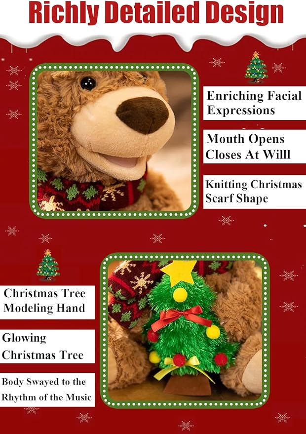 LANGXUN Christmas Teddy Bear Plush Toy with Singing & Voice Recording for Kids Adults Christmas Decorations, Birthday Gifts for Boys and Girls, Premium Plush Toy for Ages 1& Up Baby Toddlers, 15.5”