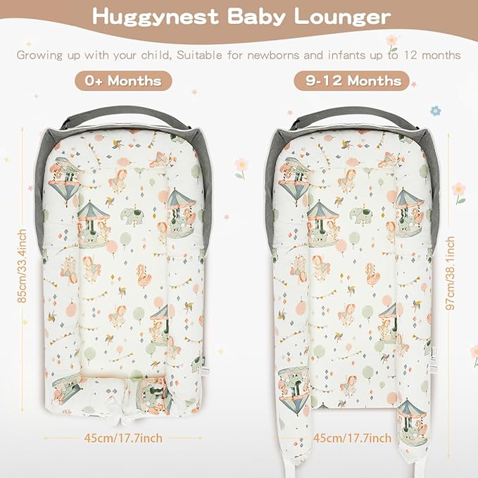 Baby Lounger, Portable Infant Lounger for Newborn, Adjustable Size Baby Nest for Infant 0-12 Months - Carousel